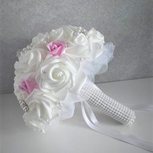 Communion bouquet, real touch roses, white with pink rosebuds